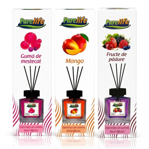 Răsfăț & Relaxare - Set 3 odorizante camera Purelife, Guma de mestecat + Mango + Fructe de padure, 120 ml, parfum dulce si persistent, difuzor betisoare, set economic