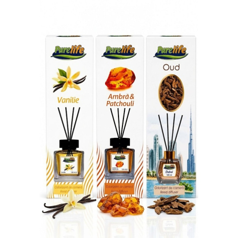 Răsfăț & Relaxare - Set 3 odorizante camera Purelife, Oud + Ambra Patchouli + Vanilie, 120 ml, parfum intens persistent, difuzor betisoare, set premium