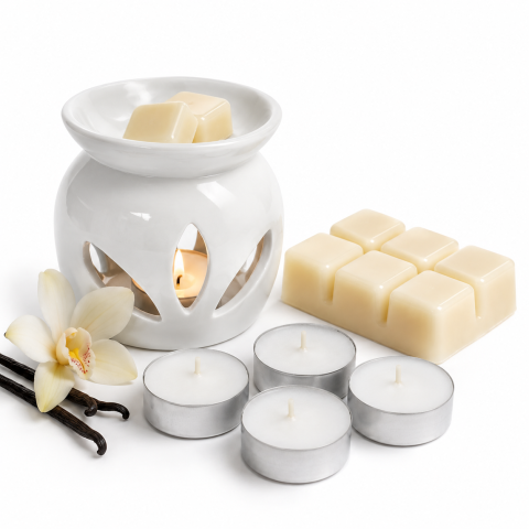 Răsfăț & Relaxare - Set Aromaterapie Vanilla Glow – Suport Ceramic Alb + Ceară Parfumată Vanilie + 4 Lumânări Tip Pastilă