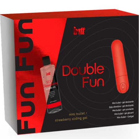 Seturi erotice - Set Cadou INTT Double Fun: Mini-Vibrator Bullet Reincarcabil USB, 10 Functii si Gel de Masaj Capsuni, 15ml, Rosu