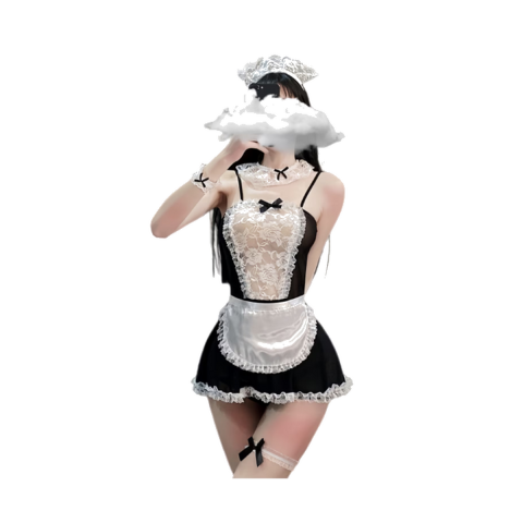 Lenjerie sexy - Set de lenjerie intima sexy stil menajera, dantela ajurata cu decupaj lateral, include palarie, chiloti, 2 bratari si bratari pentru picioare, XS-S