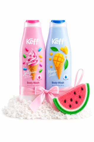 Răsfăț & Relaxare - Set Gel de Dus Keff Candy Splash, Jelly Beans & Mango Sorbet, 2 x 500 ml + Burete de Baie Pepene