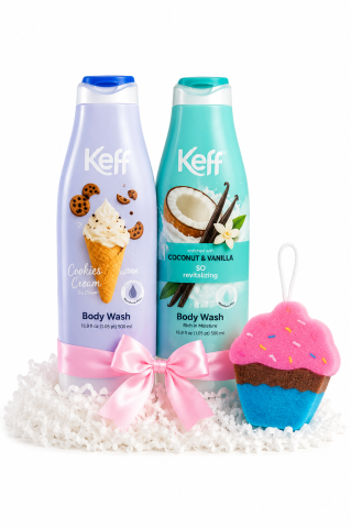 Răsfăț & Relaxare - Set Gel de Dus Keff Creamy Escape, Cookies Cream & Coconut & Vanilla, 2 x 500 ml + Burete de Baie Cupcake