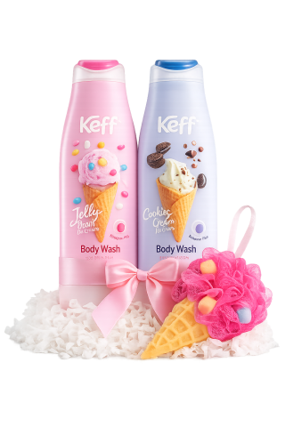 Răsfăț & Relaxare - Set Gel de Dus Keff Sweet Duo, Jelly Beans + Cookies Cream, 2 x 500 ml + Burete de Baie in Forma de Inghetata
