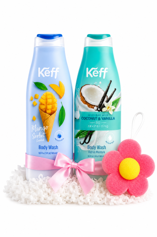 Răsfăț & Relaxare - Set Gel de Dus Keff Tropical Bloom Mango Sorbet + Coconut & Vanilla, 2 x 500 ml + Burete de Baie Floare