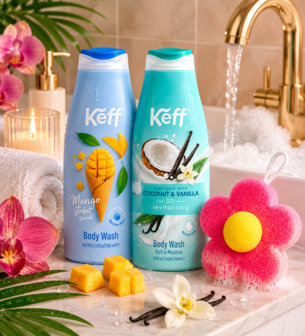 Set Gel de Dus Keff Tropical Bloom Mango Sorbet + Coconut & Vanilla, 2 x 500 ml + Burete de Baie Floare [1]
