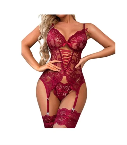 Lenjerie sexy - Set lenjerie intimă sexy din dantelă cu body, chilot reglabil, portjartiere și manșete pentru coapse, roșu bordo, mărime universală