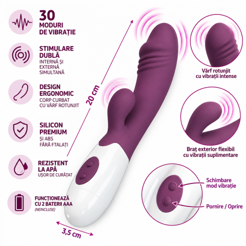 Vibratoare - Vibrator rabbit Snappy pentru stimularea simultană a punctului G și clitorisului, 30 moduri, silicon, mov