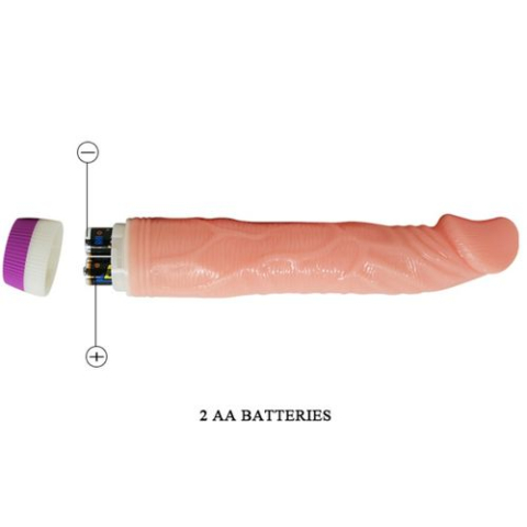 Vibrator realist BAILE Natural, culoare naturală, cu intensitate reglabilă prin comandă rotativă la bază. Lungime totală 22 cm, diametru 4 cm, materiale PVC și ABS. Alimentare cu două baterii AA. [4]