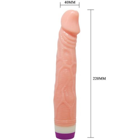 Vibrator realist BAILE Natural, culoare naturală, cu intensitate reglabilă prin comandă rotativă la bază. Lungime totală 22 cm, diametru 4 cm, materiale PVC și ABS. Alimentare cu două baterii AA. [2]