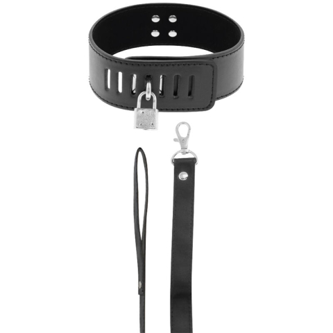 BDSM - Zgardă BDSM Darkness cu lacăt și lanț – negru