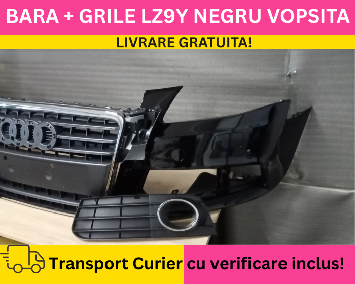 Bara completa fata + Grile Audi A4 B8 2008-2011 + S-LINE cu spalator far, senzori parcare VOPSITA LZ9Y NEGRU [3]
