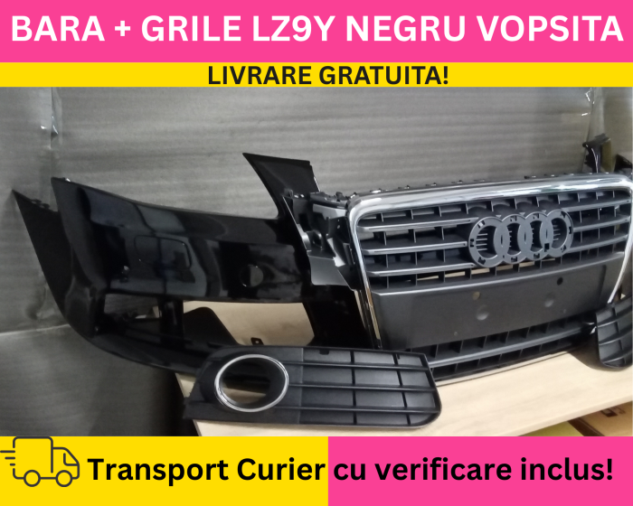 Bara completa fata + Grile Audi A4 B8 2008-2011 + S-LINE cu spalator far, senzori parcare VOPSITA LZ9Y NEGRU [2]