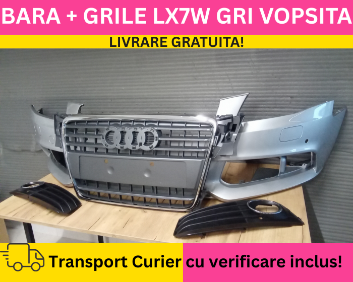 Bara completa fata + Grile Audi A4 B8 2008-2011 + S-LINE cu spalator far, senzori parcare VOPSITA LX7W GRI [2]