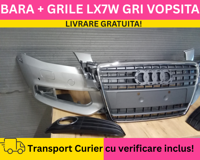 Bara completa fata + Grile Audi A4 B8 2008-2011 + S-LINE cu spalator far, senzori parcare VOPSITA LX7W GRI [3]