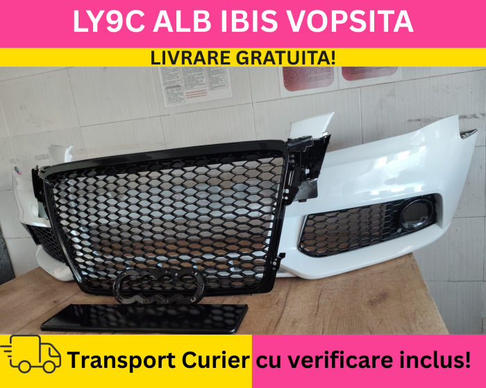 Bara fata + Grile Fagure RS LOOK Audi A4 B8 2008-2011 + S-LINE Simpla fara spalator far, senzori VOPSITA LY9C ALB [3]
