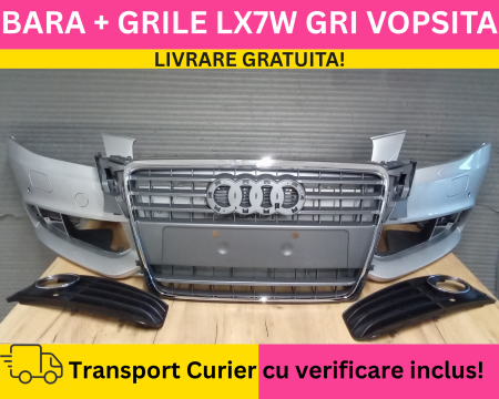 Bara completa fata + Grile Audi A4 B8 2008-2011 + S-LINE cu spalator far, senzori parcare VOPSITA LX7W GRI