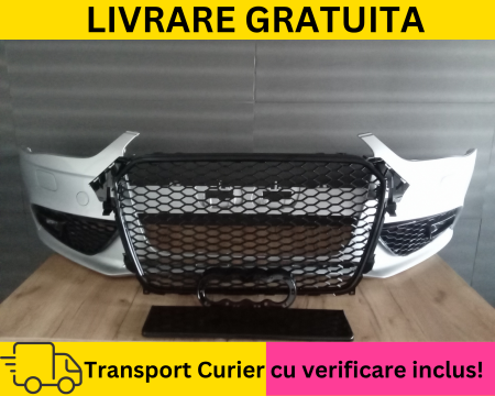 Bara fata Completa + Proiectoare + Grile Fagure RS LOOK Audi A4 B8.5 2011-2015 cu spalator far LX7W Gri la culoare VOPSITA