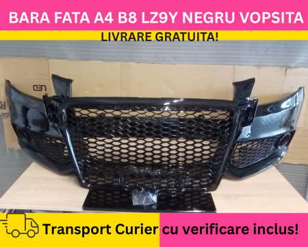 A4 B8 2007-2011 - Bara fata + Grile Fagure RS LOOK Audi A4 B8 2008-2011 cu spalator far, senzori VOPSITA LZ9Y LY9B NEGRU LUCIOS