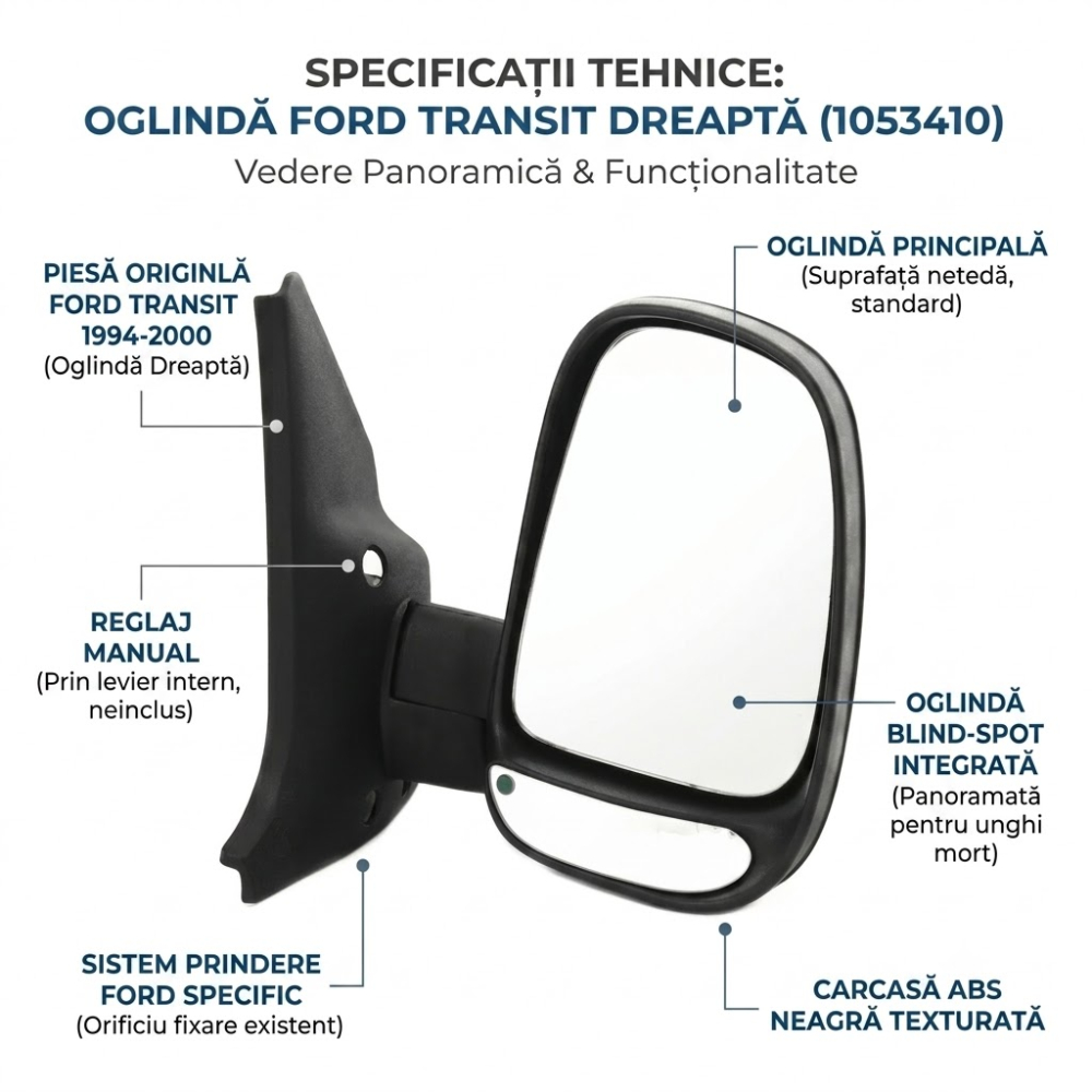 Oglindă Laterală Dreaptă Manual Convexă Braț Scurt — FORD TRANSIT IV FL II (1994–2000) | OE 1053410 [5]