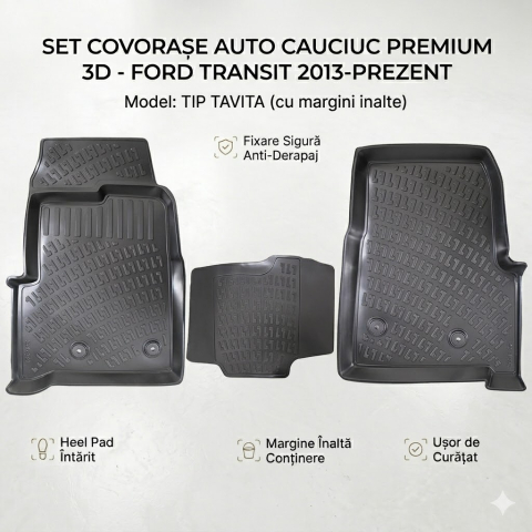 Ford Transit 05.2014 – Prezent (Platforma V363) - Set Complet Covorașe TPE Negru Bordură 3cm — FORD TRANSIT (2013–2019)