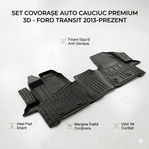 Ford Transit 05.2014 – Prezent (Platforma V363) - Set Covorașe Față TPE Negru Bordură 3cm — FORD TRANSIT (2014–Prezent)