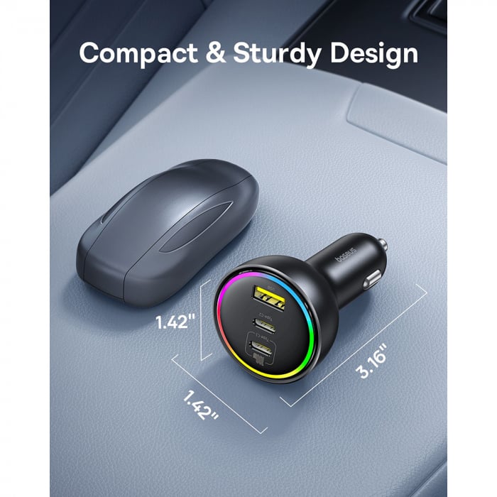 Baseus - Car Charger (C00036101111-00) - 2x USB-C, USB, 152.5W, Fast Charging, RGB Ambient Light, USB-C Cable - Cluster Black [3]
