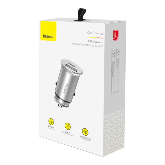 Baseus - Car Charger Circular Metal (CCALL-BS0S) - Type-C, USB, PPS 30W, Multi Protocol - Silver [7]