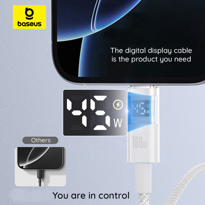 Baseus - Data Cable Display 2 (P10382702511-00) - Fast Charging, Type-C to Type-C, Digital Display, 100W, 1m - Nebula Purple [9]