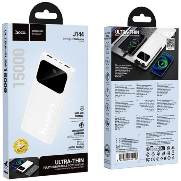 Baterie Hoco J144, Capacitate 15.000mAh, 2 x USB, Afisaj LED baterie, Ultra-subtire, Alb [1]