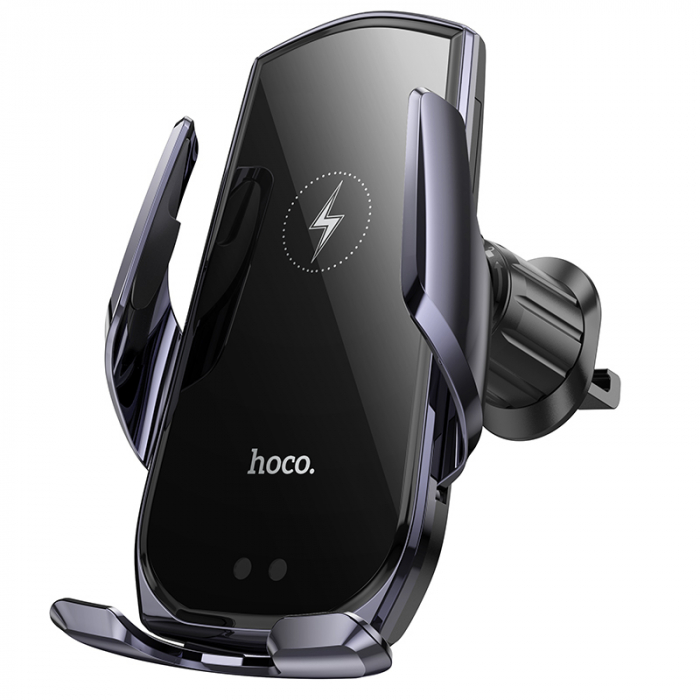 Hoco (CA202 Plus) - Suport Auto cu incarcare Wireless, 15W, montaj Ventilatie, cleme laterale, cablu USB-C, 1m, InfraRed, PullClip, Acumulator intern, Black/Metall [2]
