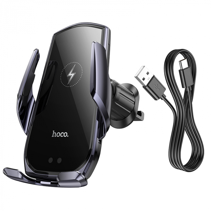 Hoco (CA202 Plus) - Suport Auto cu incarcare Wireless, 15W, montaj Ventilatie, cleme laterale, cablu USB-C, 1m, InfraRed, PullClip, Acumulator intern, Black/Metall [5]