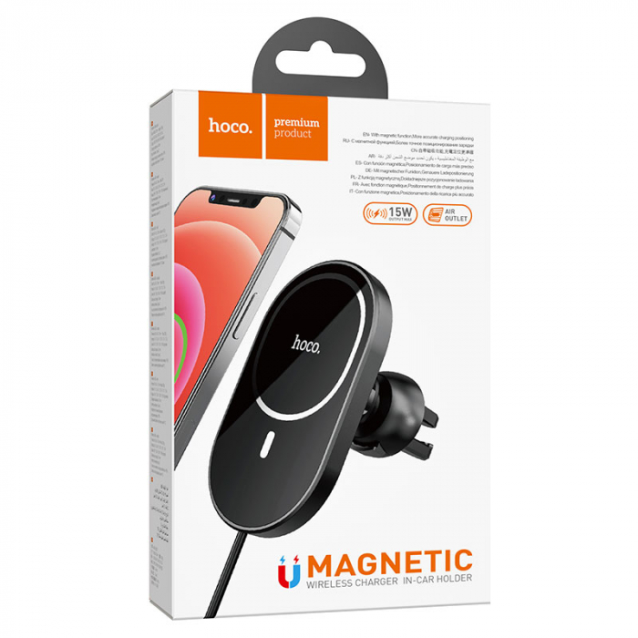Hoco (CA90) - Suport Auto cu incarcare Wireless, 15W, MagSafe, montaj Ventilatie, cablu USB-C, 1m [1]