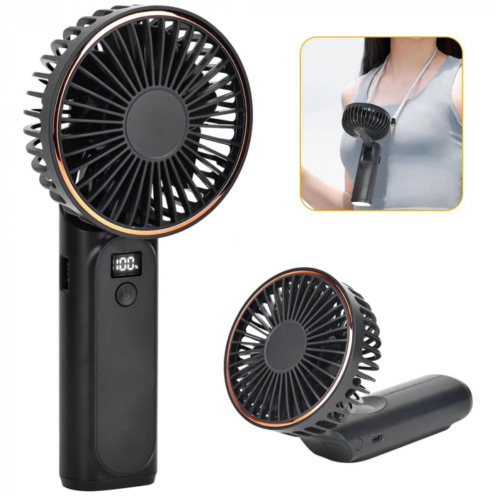 Premium Mini Hand Fan (M12) - with LED Digital Display, USB-C Rechargeable, 6 Wind Speeds, 5000mAh - Black [6]