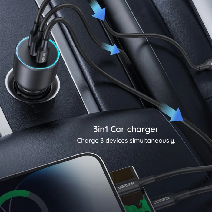 Ugreen - Car Charger EC705 (35025) - for Phone, Laptop, Tablet, Fast Charge, LED Light, 2x USB-C, USB, 130W - Grey [5]