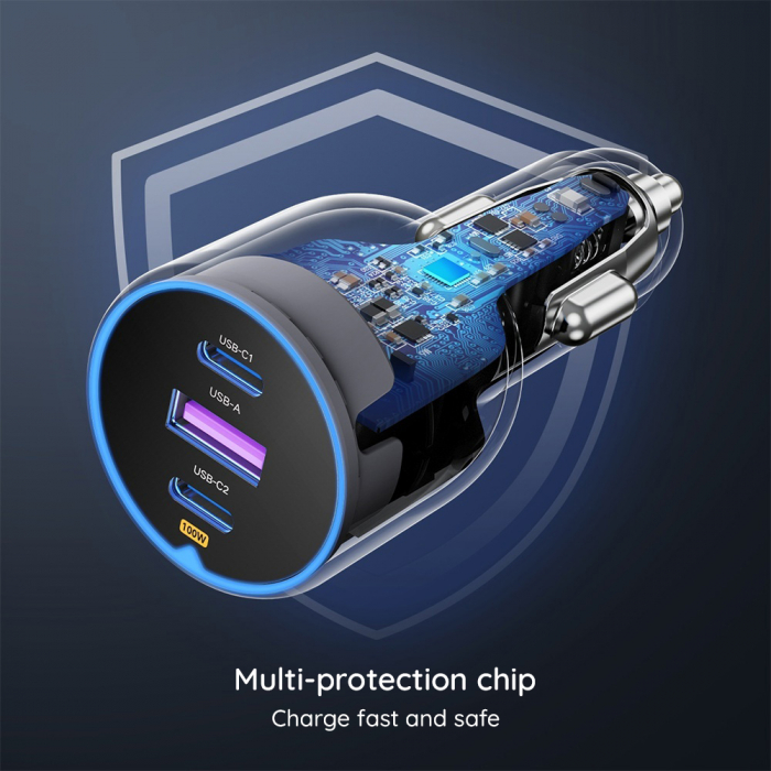 Ugreen - Car Charger EC705 (35025) - for Phone, Laptop, Tablet, Fast Charge, LED Light, 2x USB-C, USB, 130W - Grey [7]