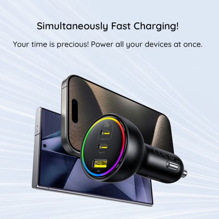 Baseus - Car Charger (C00036101111-00) - 2x USB-C, USB, 152.5W, Fast Charging, RGB Ambient Light, USB-C Cable - Cluster Black [4]