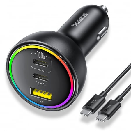 Incarcator auto - Baseus - Car Charger (C00036101111-00) - 2x USB-C, USB, 152.5W, Fast Charging, RGB Ambient Light, USB-C Cable - Cluster Black