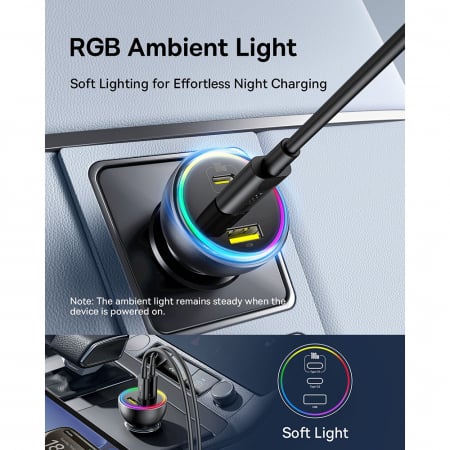 Baseus - Car Charger (C00036101111-00) - 2x USB-C, USB, 152.5W, Fast Charging, RGB Ambient Light, USB-C Cable - Cluster Black [3]