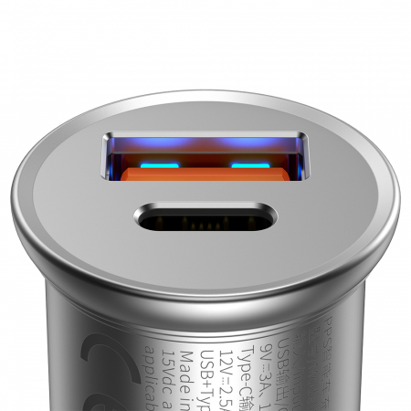 Baseus - Car Charger Circular Metal (CCALL-BS0S) - Type-C, USB, PPS 30W, Multi Protocol - Silver [4]