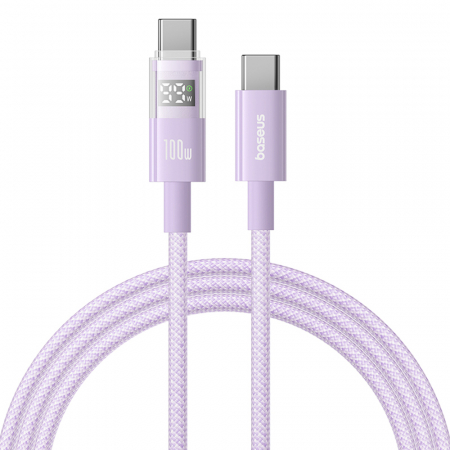 Cabluri telefoane - Baseus - Data Cable Display 2 (P10382702511-00) - Fast Charging, Type-C to Type-C, Digital Display, 100W, 1m - Nebula Purple