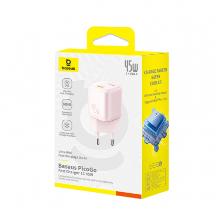 Baseus - Wall Charger PicoGo  - GaN, Fast Charging, 45W, USB-C - Baby Pink [6]