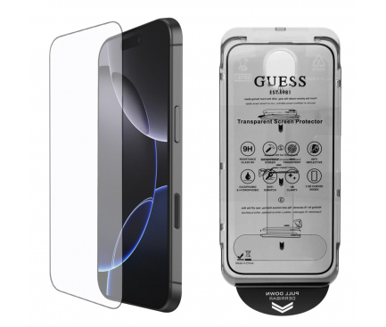Folie sticla - Folie de protectie Ecran Guess Classic Outline pentru Apple iPhone 16 Pro Max, Sticla securizata, Full Glue, 2.5D, Neagra GUTGP16XBOKGCIT