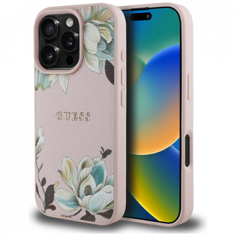 Huse - Guess - Grained Flowers MagSafe (GUHMP16XPGNMPLMP) - iPhone 16 Pro Max - Pink