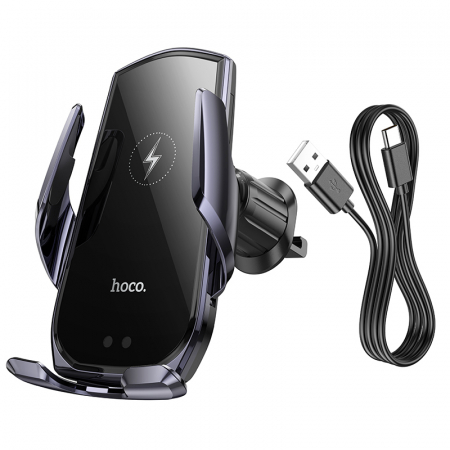 Hoco (CA202 Plus) - Suport Auto cu incarcare Wireless, 15W, montaj Ventilatie, cleme laterale, cablu USB-C, 1m, InfraRed, PullClip, Acumulator intern, Black/Metall [4]