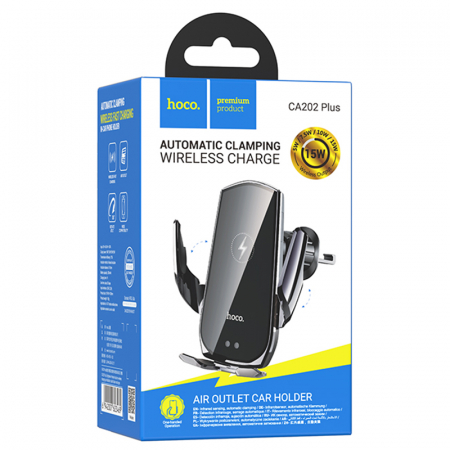 Suport auto - Hoco (CA202 Plus) - Suport Auto cu incarcare Wireless, 15W, montaj Ventilatie, cleme laterale, cablu USB-C, 1m, InfraRed, PullClip, Acumulator intern, Black/Metall