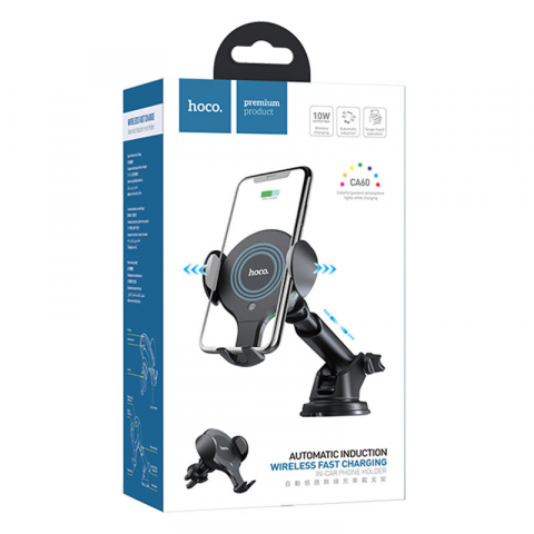 Suport auto - Hoco (CA60) - Suport Auto cu incarcare Wireless, 10W, cu cleme laterale, montaj Grila/Bord, brat ajustabil | BLACK