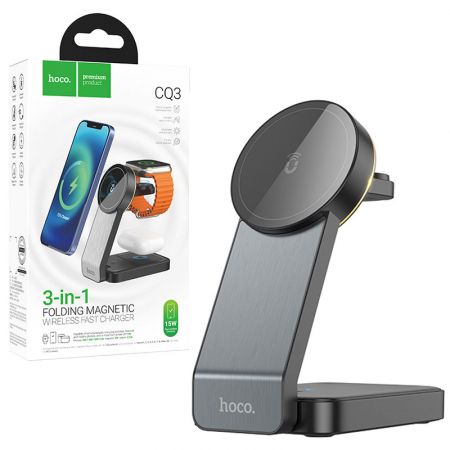 Încarcatoare Wireless - Hoco (CQ3) - Statie Incarcare Wireless, MagSafe, 15W, Qi Charging, Stand, 3 in 1