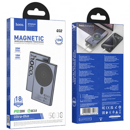 Încarcatoare Wireless - Hoco (Q32) Baterie de rezerva, Powerbank Wireless, Magentica, PD20W, 1xUSB-C (5.000mAh), Metal GRAY