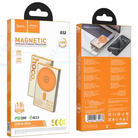 Baterii externe - Hoco (Q32) Baterie de rezerva, Powerbank Wireless, Magentica, PD20W, 1xUSB-C (5.000mAh), Titanium GOLD